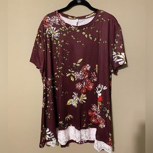 Floral Short Sleeved Shirt with Lace Trim in Front